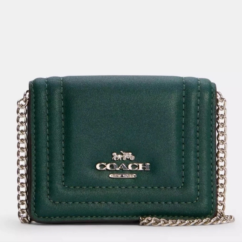 Coach Mini Wallet on Chain Border Quilting Ivy Green Silver C7364 Credit Card ID
